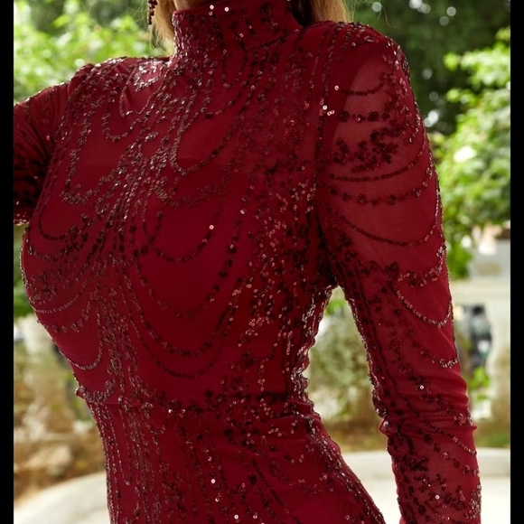 Red, Mock Neck,  Long Sleeved,  Keyhole Back,  Sequined Mermaid Maxi Gown - Picture 7 of 11